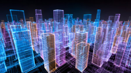 A captivating digital cityscape featuring neon-lit 3D wireframe buildings, showcasing a vibrant and futuristic urban environment against a dark backdrop.の素材