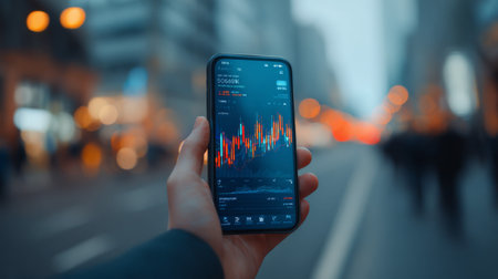 A hand holds a smartphone displaying a financial chart in an urban setting. The busy city street features glowing traffic lights and blurred pedestrians.の素材