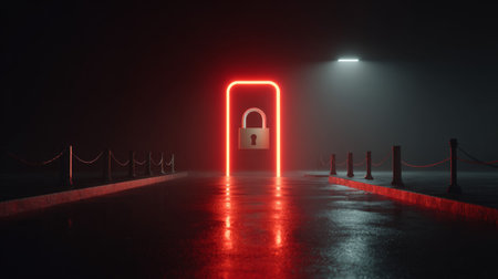 A striking image of a glowing red lock in a foggy environment. This scene captures mystery and security, perfect for various concepts.の素材