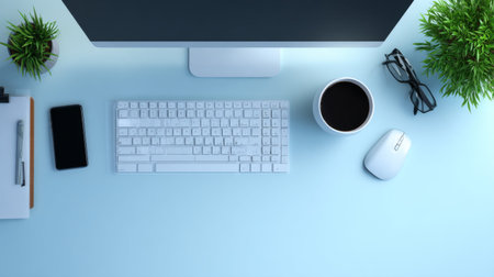 A serene and modern workspace featuring a computer, clean keyboard, a coffee mug, plants, and organized office supplies on a blue desk.の素材
