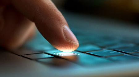 A close-up image capturing a finger gently pressing a key on a sleek modern keyboard, illuminated with a soft ambient glow against a blurred background.の素材