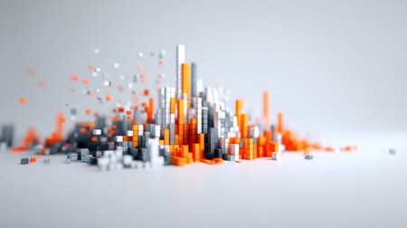 This abstract image showcases a vibrant 3D landscape made of colorful bars in gray and orange, creating a dynamic visual experience. Ideal for modern design themes.の素材