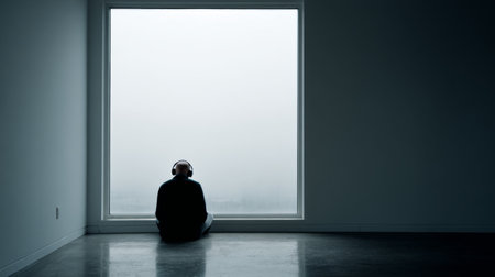 A solitary figure sits in a minimalist space, immersed in music through headphones, gazing out at serene fog, evoking deep emotions.の素材
