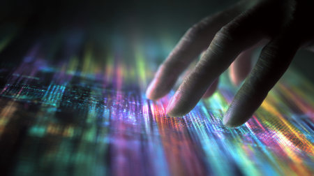 A close-up view of a hand gently touching colorful data streams, representing interaction with technology in a vibrant digital environment.の素材