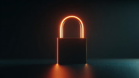 This image features a futuristic padlock with glowing edges, symbolizing digital security and privacy in a modern, dark environment.の素材