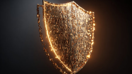 This captivating 3D image features an abstract digital shield crafted from shimmering particles, symbolizing security and protection in a modern world.の素材