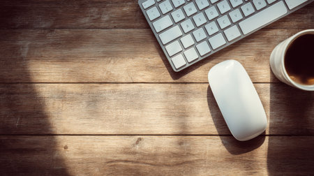 A cozy workspace featuring a coffee cup, computer mouse, and keyboard on a rustic wooden desk, embodying minimalism and comfort in design.の素材