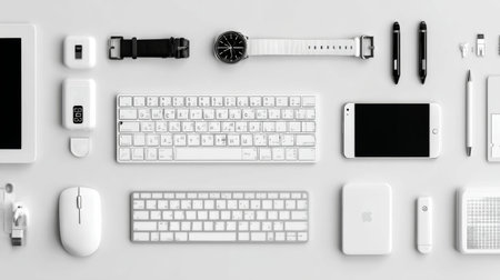 This image showcases a minimalistic white tech setup featuring various gadgets and accessories, perfect for a modern workspace aesthetic and creativity.の素材