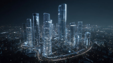 A stunning night view of a futuristic city skyline featuring tall illuminated skyscrapers, vibrant lights, and innovative architecture.の素材