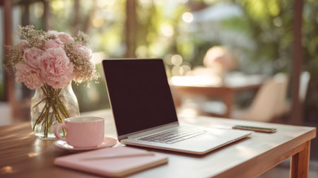 A serene workspace featuring a laptop, cup of coffee, and a bouquet of flowers, bathed in soft natural light, ideal for creativity and relaxation.の素材