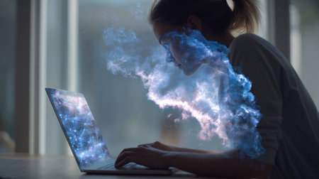 A woman engages with her laptop while a vibrant nebula projects from her head, symbolizing creativity and innovation in a bright workspace.の素材