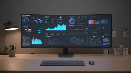 Stylish office featuring a large curved monitor showcasing vibrant data analytics and graphics. Ideal for remote work and productivity enhancement.の素材