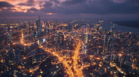 Stunning aerial view of a vibrant city at dusk, featuring illuminated streets and digital connections that highlight urban complexity and modernity.の素材