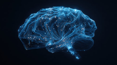 Luminous brain visualization made of glowing particles and light trails, representing neural connections and cognitive processes against a dark backdrop.の素材