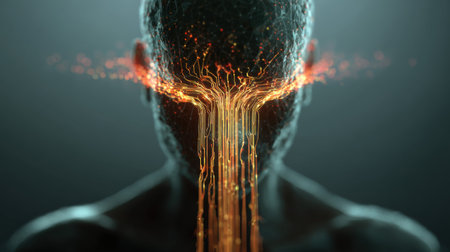 This image showcases an abstract human head formed by glowing circuits and flowing lines, representing the fusion of technology and emotion.の素材