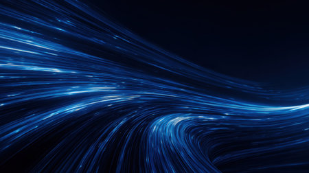 An abstract representation of flowing blue light streams, illustrating energy waves in motion against a dark backdrop, ideal for digital design projects.の素材