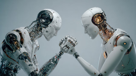 A captivating scene showcasing two advanced robots engaged in an intense arm wrestling match, representing technology, competition, and innovation in a futuristic arena.の素材