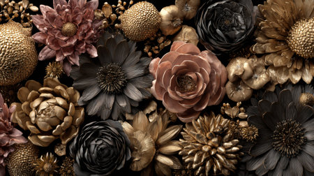 A stunning floral composition featuring an array of blooms in gold, bronze, and black tones. This arrangement captures luxury and sophistication beautifully.の素材