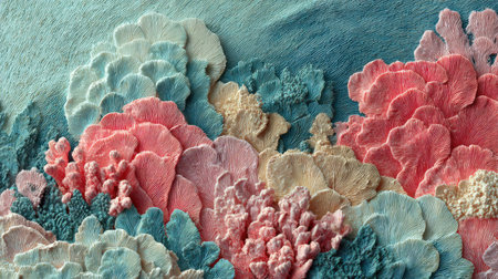This stunning illustration showcases a vibrant coral reef in pastel tones, featuring intricate textures and a beautiful array of marine life.の素材