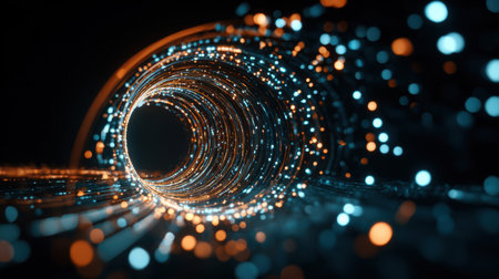 A mesmerizing abstract composition that showcases a tunnel filled with bright, swirling particles creating a captivating visual experience.の素材