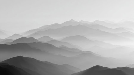 Explore the tranquil beauty of a monochrome mountain range shrouded in soft fog, showcasing smooth contours and layered peaks under a serene sky.の素材