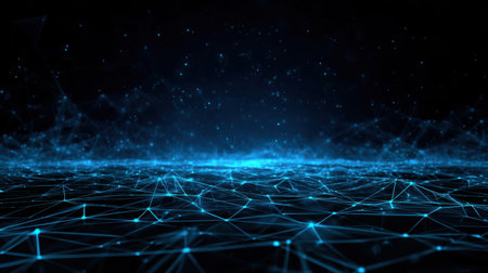 This abstract background features glowing blue lines and dots, creating a modern digital network representation that evokes depth and technology.の素材