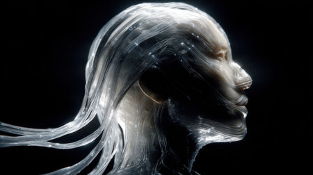 This ethereal portrait features a human head illuminated by flowing light, creating a mesmerizing interplay of energy against a dark backdrop.の素材