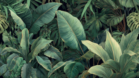 Explore a stunning array of tropical foliage featuring diverse leaf shapes and rich green hues, perfect for backgrounds or botanical themes.の素材