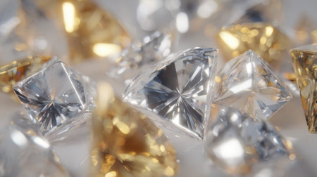 A captivating close-up of shimmering diamonds and gemstones, showcasing intricate cuts and brilliant reflections on a soft background. Ideal for luxury themes.の素材