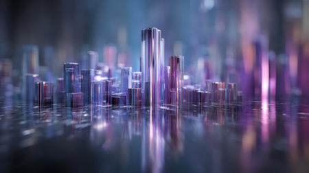 This captivating abstract cityscape features shimmering reflective surfaces and vibrant colors, creating a futuristic urban atmosphere. Perfect for design projects!の素材
