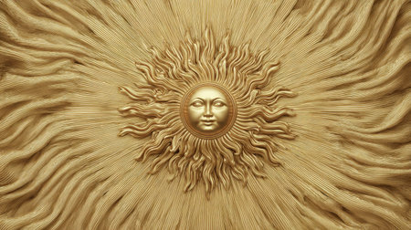 A stunning golden sun relief art piece featuring a serene face surrounded by flowing rays, ideal for enhancing decor in any space.の素材