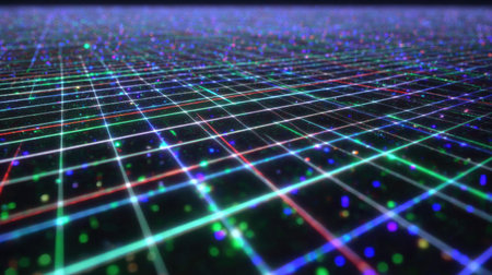 A mesmerizing neon grid pattern showcasing vibrant colors and sparkling dots, perfect for digital art, design projects, and creative concepts.の素材