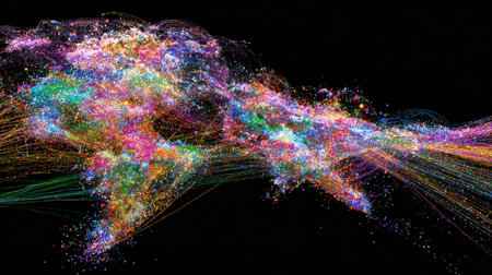 This stunning abstract image showcases a vibrant representation of global connections with colorful patterns against a dark background, illustrating interaction and flow.の素材