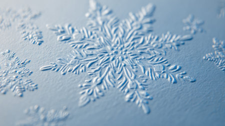 This image features an elegant close-up of an embossed white snowflake pattern on a soft blue background, perfect for winter-themed projects.の素材