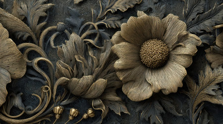 This stunning relief artwork showcases intricate flowers and leaves, beautifully crafted in a bronze finish against a dark backdrop, perfect for decor.の素材