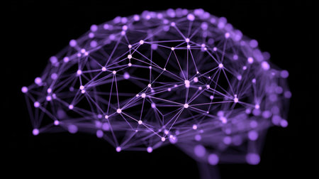 This image presents a captivating abstract depiction of a digital brain network, illustrating intricate connections in vibrant purple tones, blending art and technology.の素材