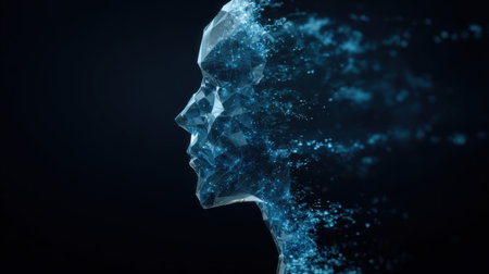 This digital artwork presents a futuristic human head made of particles, dissipating into energy against a dark backdrop, symbolizing transformation.の素材