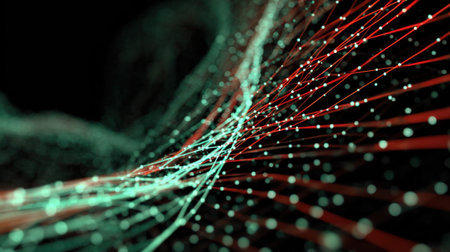 This abstract image showcases colorful waves and dots representing data connections in a futuristic digital environment. Perfect for tech concepts.の素材