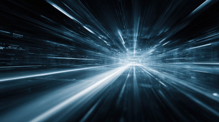 This stunning abstract image features dynamic blue light streaks, creating a sense of speed and energy, perfect for technology or futuristic themes.の素材