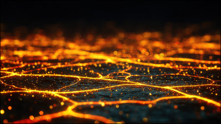 This abstract digital image showcases a vibrant landscape with glowing lines and points of light, creating a sense of movement and depth in a dark setting.の素材