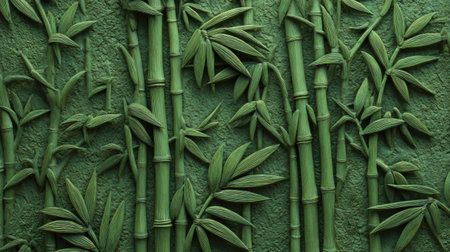 A vibrant display of lush green bamboo stalks and leaves creates a tranquil and serene atmosphere, perfect for nature-inspired designs and wellness spaces.の素材