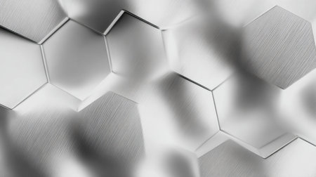 Explore an abstract scene showcasing hexagonal shapes with a sleek metallic texture, perfect for backgrounds or creative projects.の素材