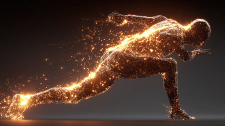 An abstract representation of a human figure in full motion, glowing with energy and light, symbolizing speed, power, and vitality in athletic pursuits.の素材