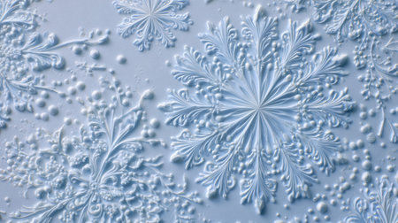 Close-up view of intricate ice patterns and unique snowflake designs on a blue surface, capturing the beauty and elegance of winter frost.の素材