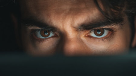 A young man displays an intense gaze while closely observing a computer screen in low lighting, reflecting deep concentration and curiosity.の素材