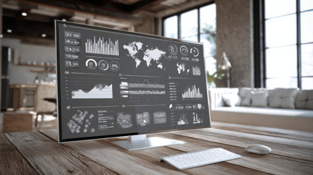A sleek modern computer displays various data analytics on a wooden desk in a cozy office space, emphasizing comfort and productivity.の素材