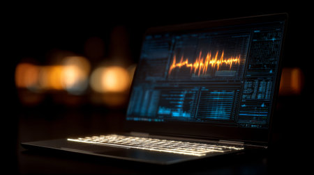 A sleek laptop displays a vibrant audio waveform, showcasing advanced audio editing tools and data visualization, perfect for tech enthusiasts.の素材