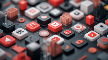 A captivating close-up view of colorful digital icons arranged in a grid, showcasing vibrant colors and modern design elements, perfect for technology-related content.の素材