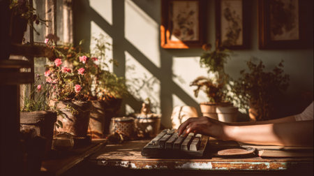 A hand gracefully typing on a vintage keyboard in a warmly lit indoor workspace filled with vibrant plants. The scene exudes creativity and tranquility.の素材