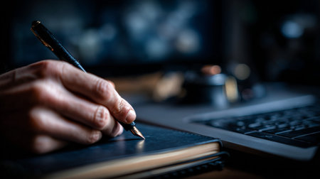 A close-up image captures a hand gently writing in a notebook with a fountain pen, showcasing a serene workspace that inspires creativity and focus.の素材